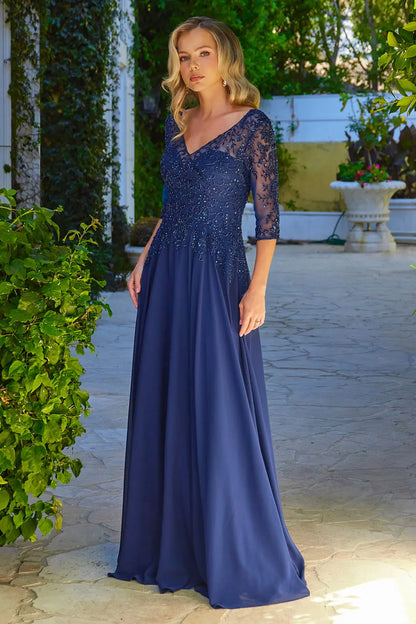 Embroidery Bead Sequin Embellished 1 2 Sleeve Illusion V Neck Mesh Bodice With Chiffon Skirt Dress