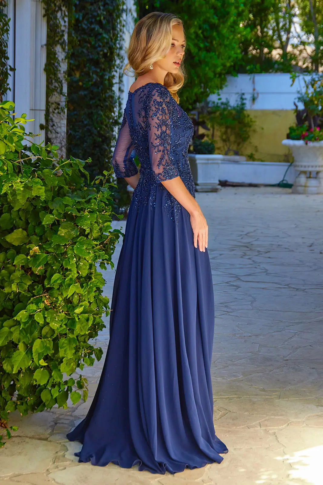 Embroidery Bead Sequin Embellished 1 2 Sleeve Illusion V Neck Mesh Bodice With Chiffon Skirt Dress