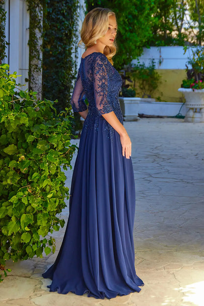 Embroidery Bead Sequin Embellished 1 2 Sleeve Illusion V Neck Mesh Bodice With Chiffon Skirt Dress