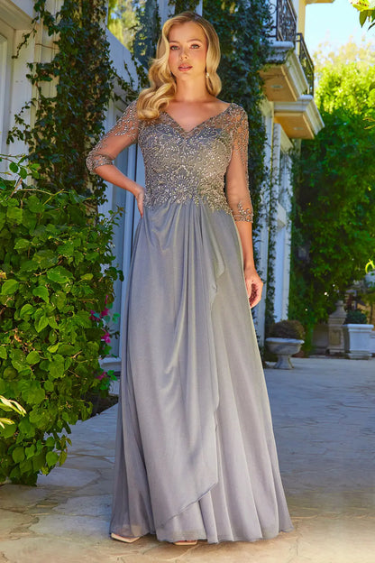 Embellished 3 4 Sleeve Illusion V Neck Mesh Bodice Metallic Skirt With Cascading Ruffle Detail Dress
