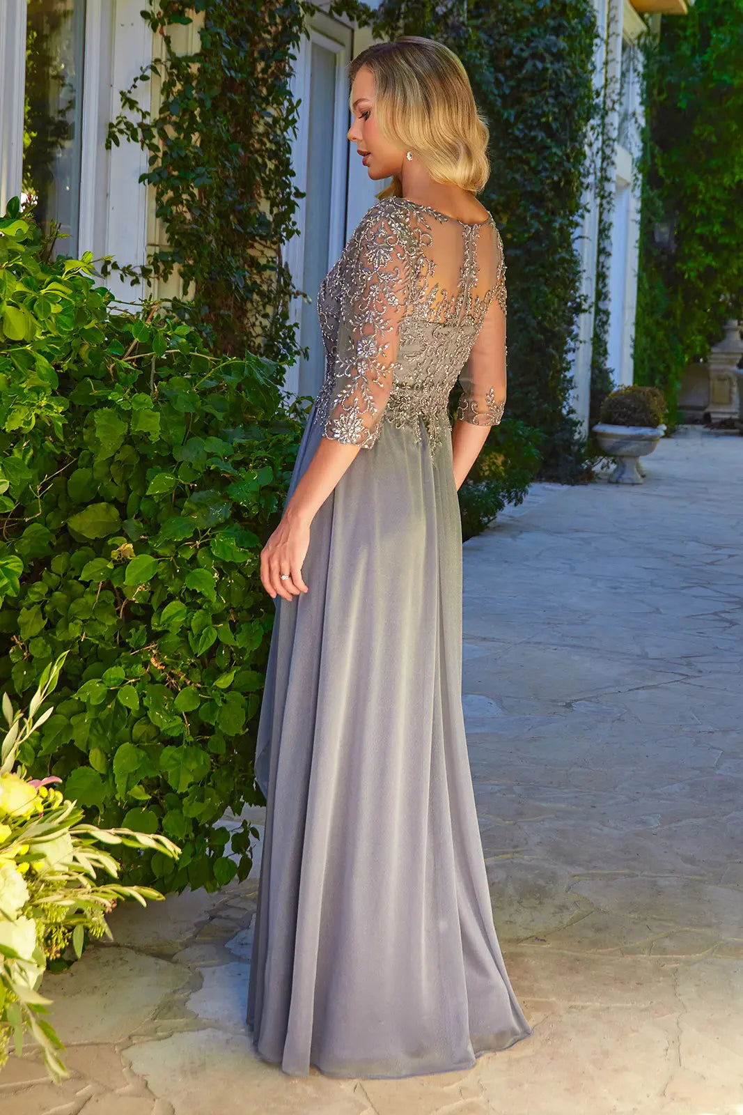 Embellished 3 4 Sleeve Illusion V Neck Mesh Bodice Metallic Skirt With Cascading Ruffle Detail Dress