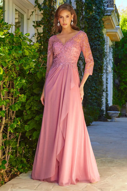 Embellished 3 4 Sleeve Illusion V Neck Mesh Bodice Metallic Skirt With Cascading Ruffle Detail Dress