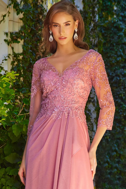 Embellished 3 4 Sleeve Illusion V Neck Mesh Bodice Metallic Skirt With Cascading Ruffle Detail Dress