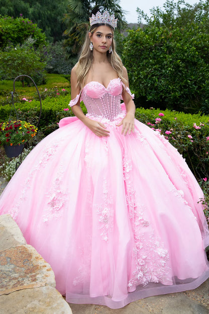 3d Flower Applique Embellished Train Bejeweled Corset Dress With Detachable Back Bow