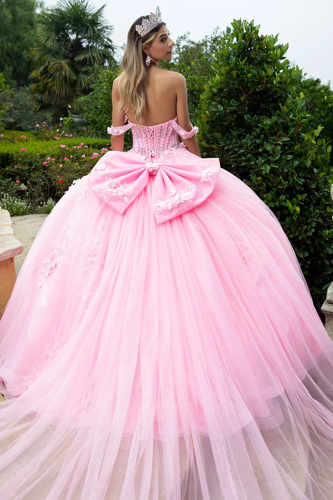 3d Flower Applique Embellished Train Bejeweled Corset Dress With Detachable Back Bow