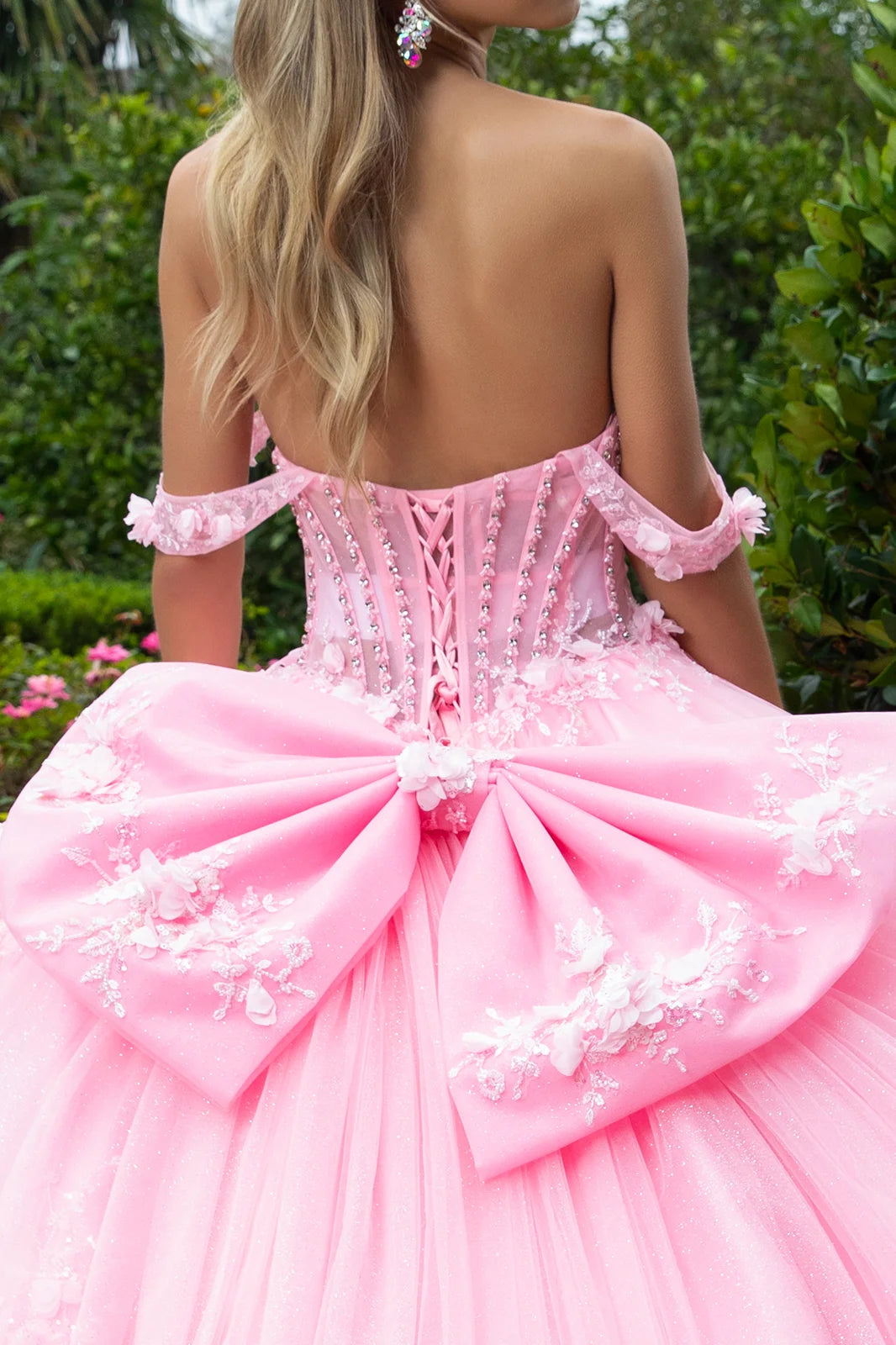 3d Flower Applique Embellished Train Bejeweled Corset Dress With Detachable Back Bow