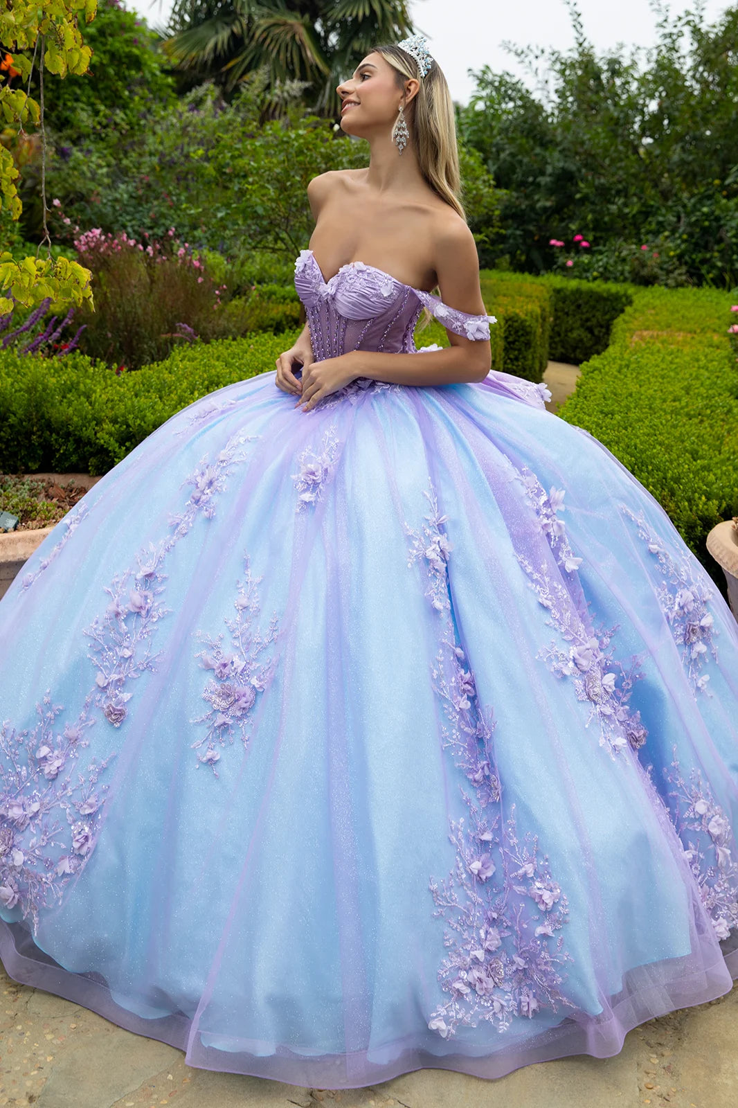 3d Flower Applique Embellished Train Bejeweled Corset Dress With Detachable Back Bow