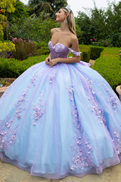 3d Flower Applique Embellished Train Bejeweled Corset Dress With Detachable Back Bow