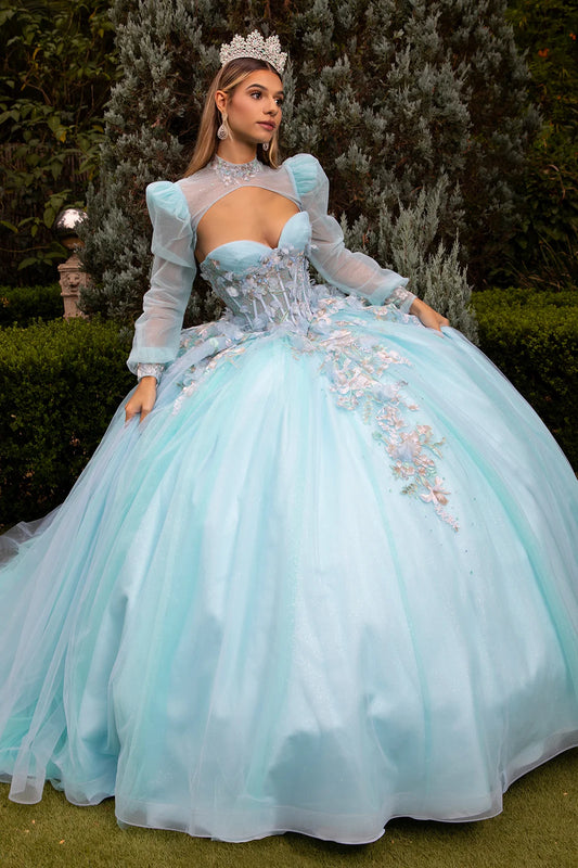 3d Flower Applique Embellished Quinceanera Train Dress With Matching Bolero