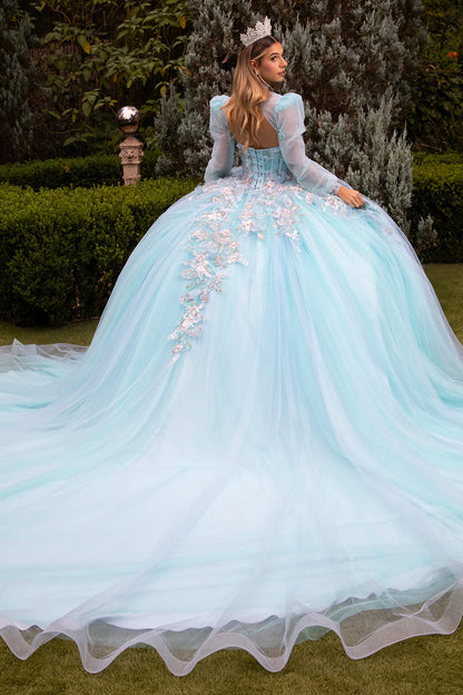 3d Flower Applique Embellished Quinceanera Train Dress With Matching Bolero