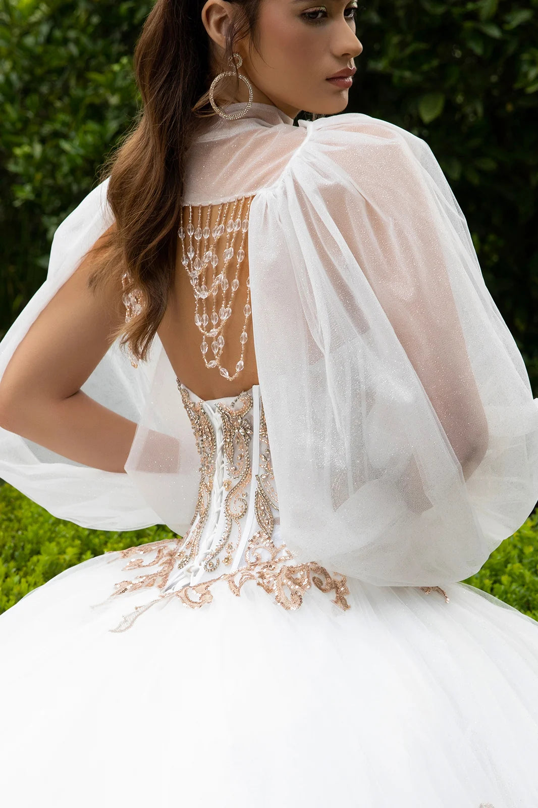 Embellished Scallop Edge Corset With Matching Dangling Loop Bead Fringe Slit Bishop Sleeve Bolero