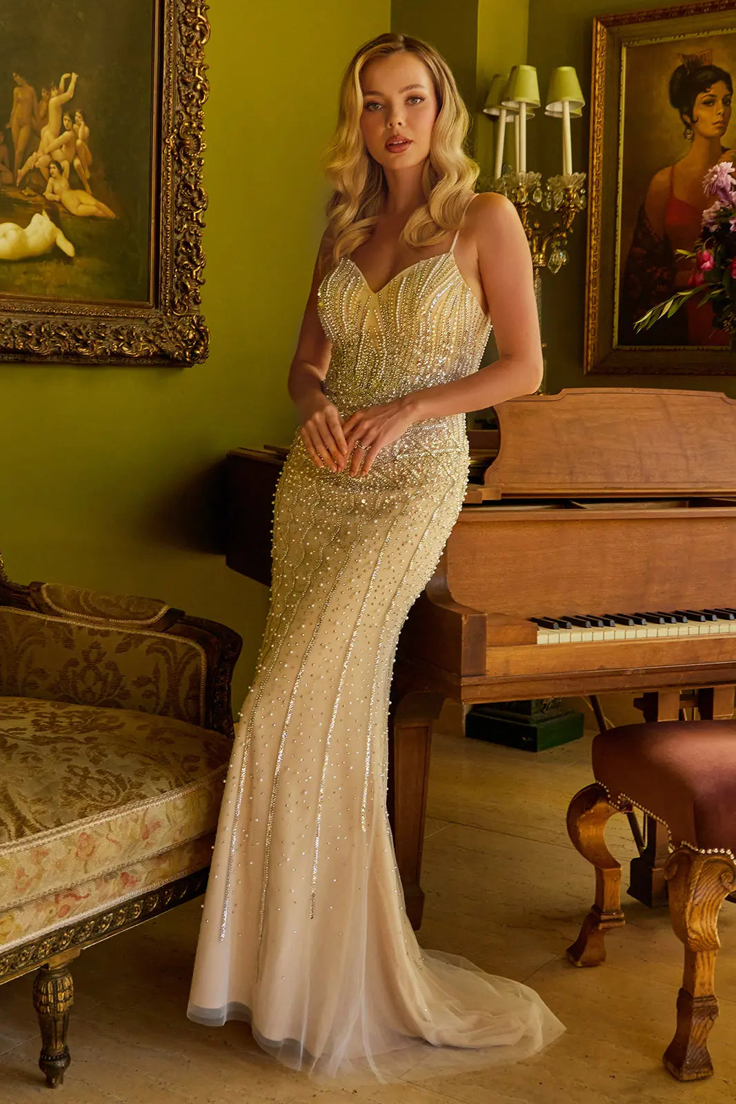 Jewel Bead Sequin Embellished V Neck Spaghetti Strap Corset Dress