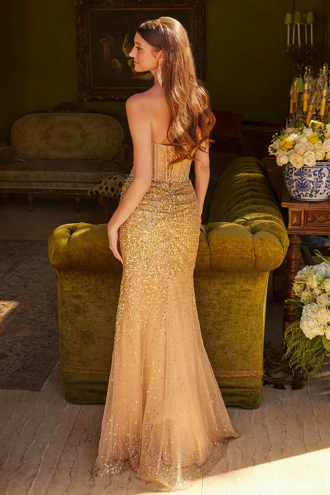 Embellished Strapless Lace Up Back Corset Ruched Detail Skirt With Slit Dress