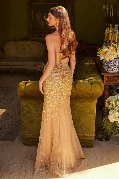 Embellished Strapless Lace Up Back Corset Ruched Detail Skirt With Slit Dress
