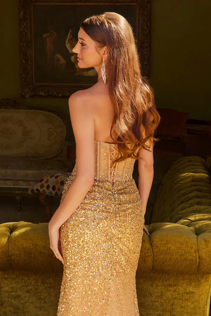 Embellished Strapless Lace Up Back Corset Ruched Detail Skirt With Slit Dress