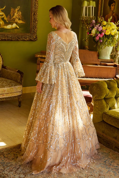 Embellished Illusion V Neck Dress With Bell Sleeve