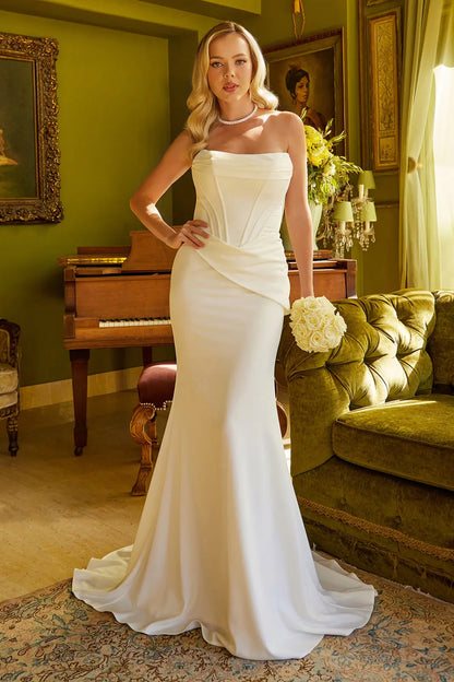 Fitted wedding dress, corset bodice is strapless, has a boat neckline