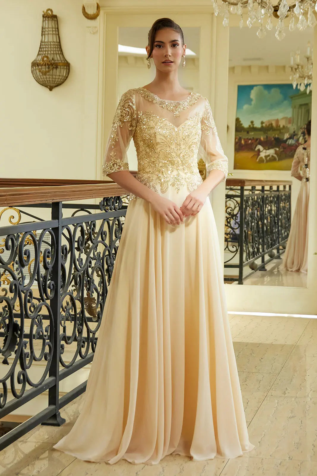 Bead Sequin Embellished 1 2 Sleeve Mesh Bodice With Chiffon Skirt
