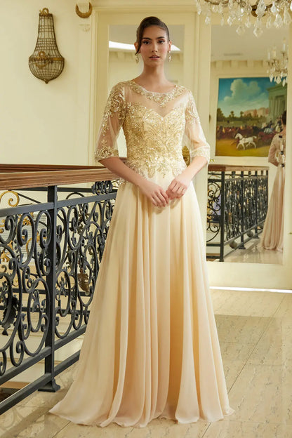 Bead Sequin Embellished 1 2 Sleeve Mesh Bodice With Chiffon Skirt