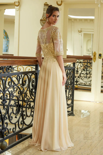 Bead Sequin Embellished 1 2 Sleeve Mesh Bodice With Chiffon Skirt