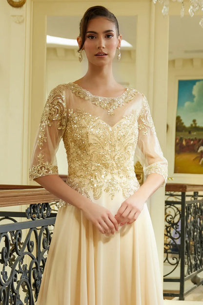 Bead Sequin Embellished 1 2 Sleeve Mesh Bodice With Chiffon Skirt
