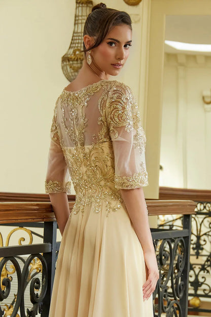 Bead Sequin Embellished 1 2 Sleeve Mesh Bodice With Chiffon Skirt