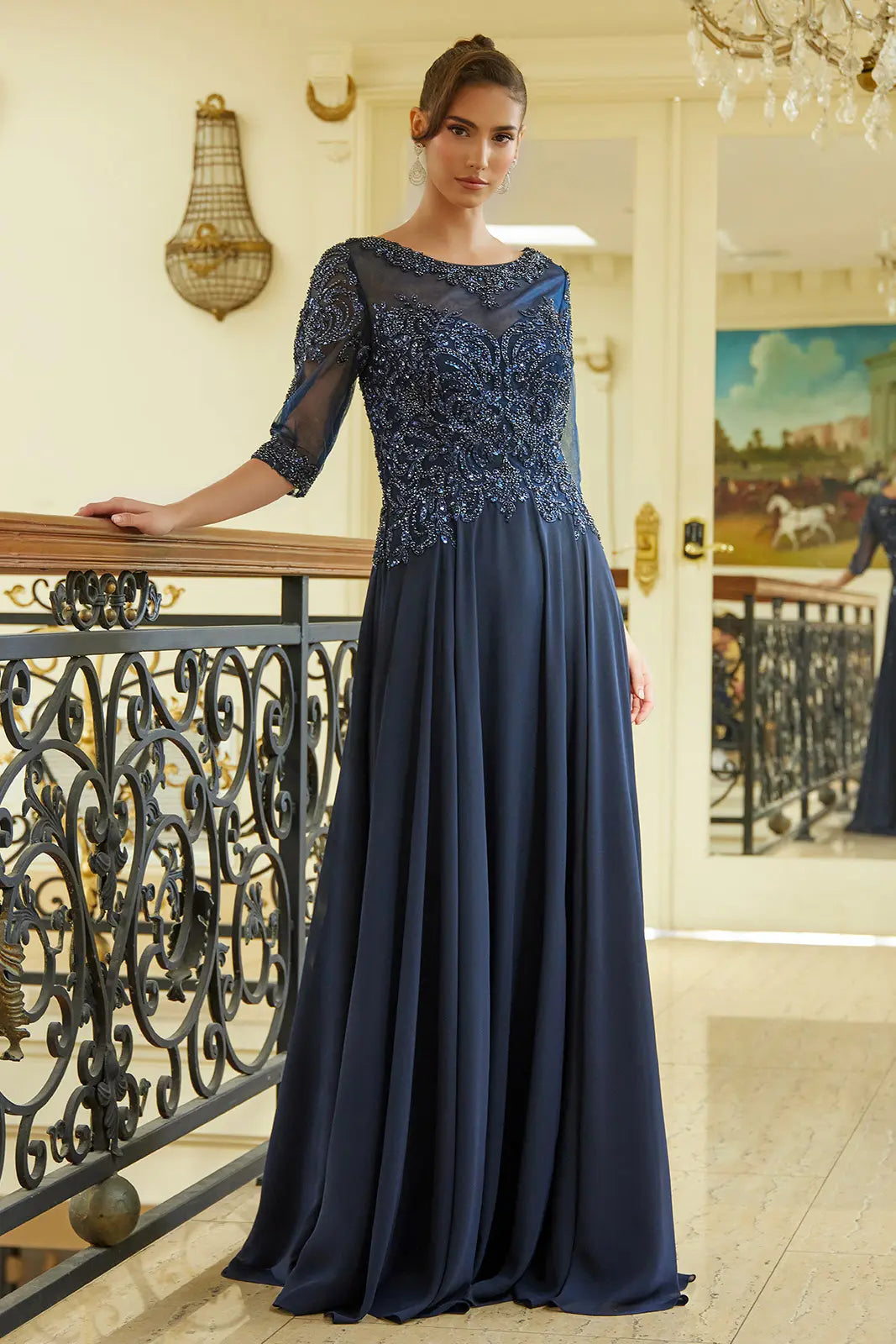 Bead Sequin Embellished 1 2 Sleeve Mesh Bodice With Chiffon Skirt