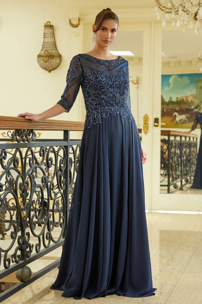 Bead Sequin Embellished 1 2 Sleeve Mesh Bodice With Chiffon Skirt