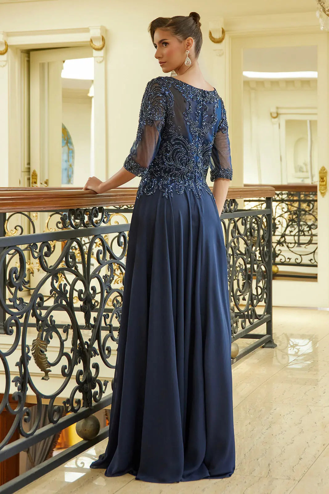 Bead Sequin Embellished 1 2 Sleeve Mesh Bodice With Chiffon Skirt