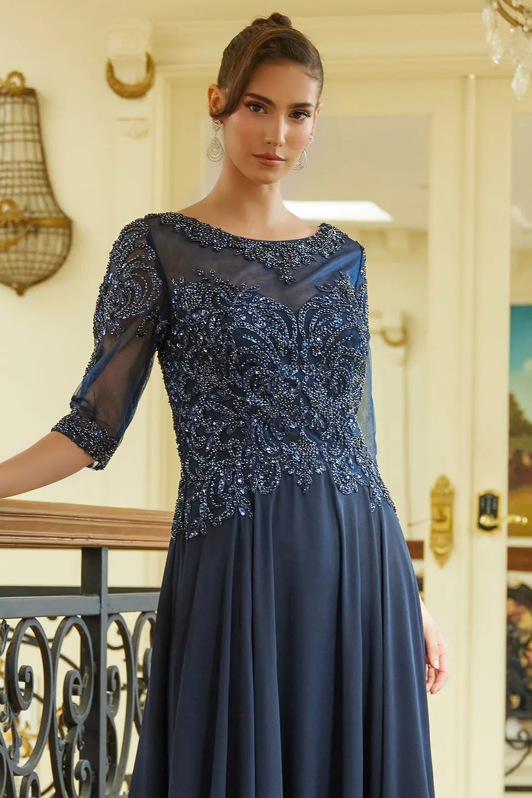 Bead Sequin Embellished 1 2 Sleeve Mesh Bodice With Chiffon Skirt