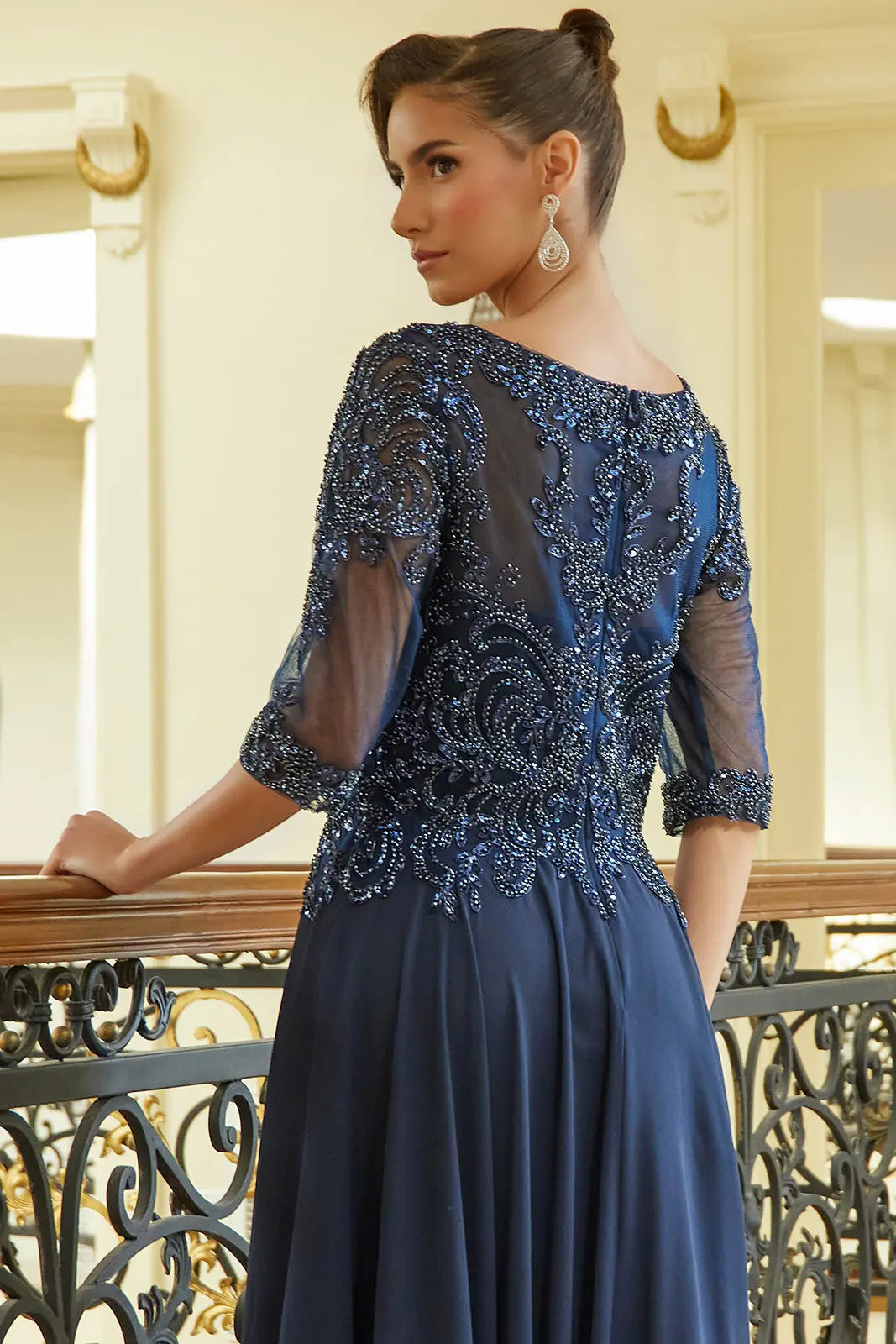 Bead Sequin Embellished 1 2 Sleeve Mesh Bodice With Chiffon Skirt