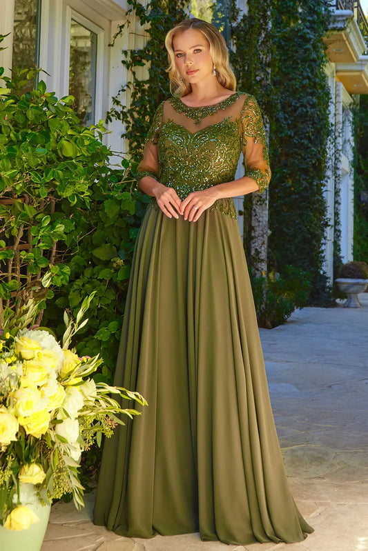 Bead Sequin Embellished 1 2 Sleeve Mesh Bodice With Chiffon Skirt