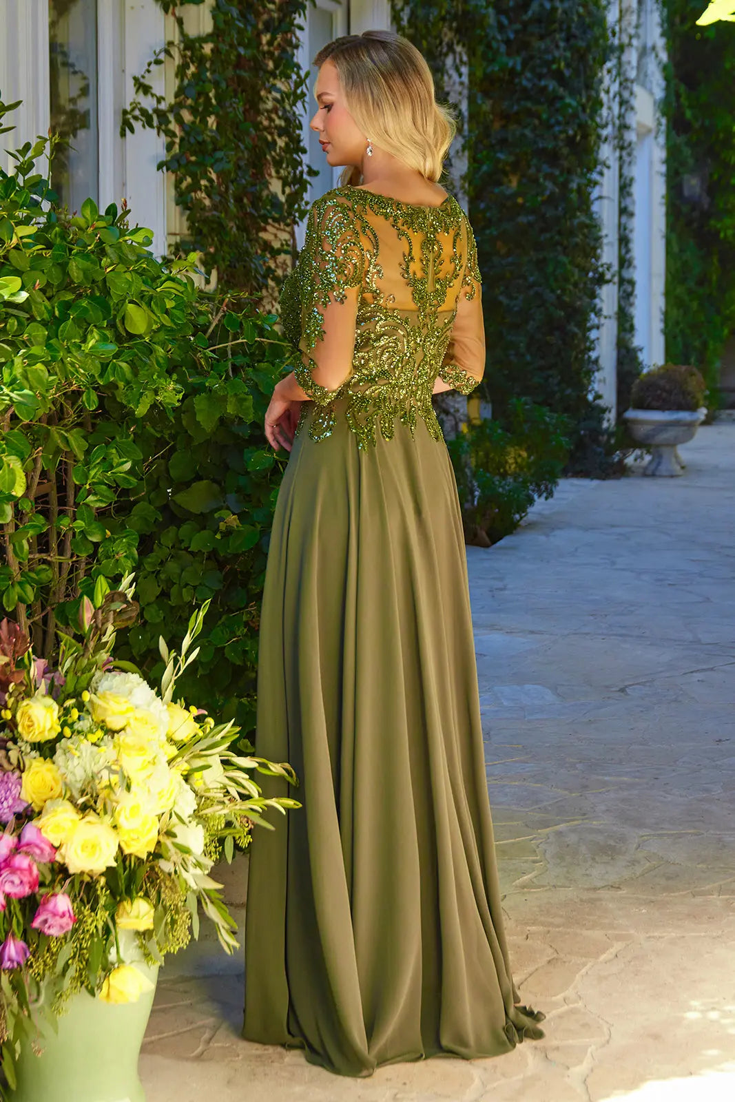 Bead Sequin Embellished 1 2 Sleeve Mesh Bodice With Chiffon Skirt
