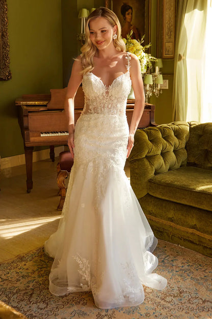 Mermaid Silhouette Wedding Dress Adorned with Beads, Sequins and Floral Embroidery