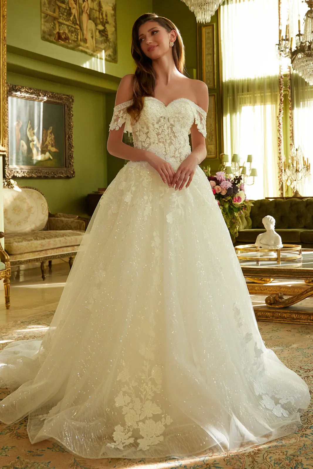 A-Line Wedding Dress With Off-The-Shoulder Detailing, Beading, Sequins And Floral Embroidery