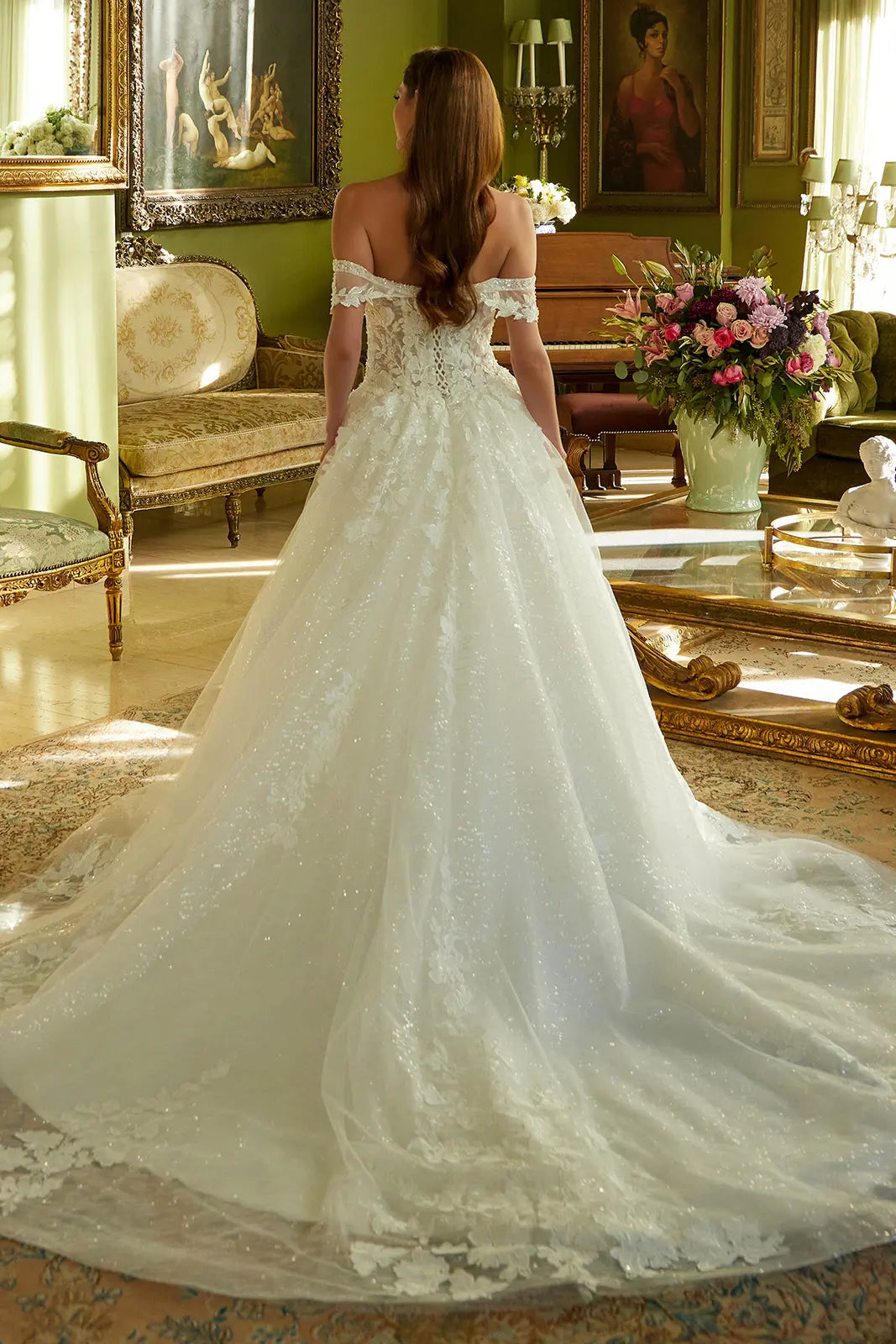 A-Line Wedding Dress With Off-The-Shoulder Detailing, Beading, Sequins And Floral Embroidery