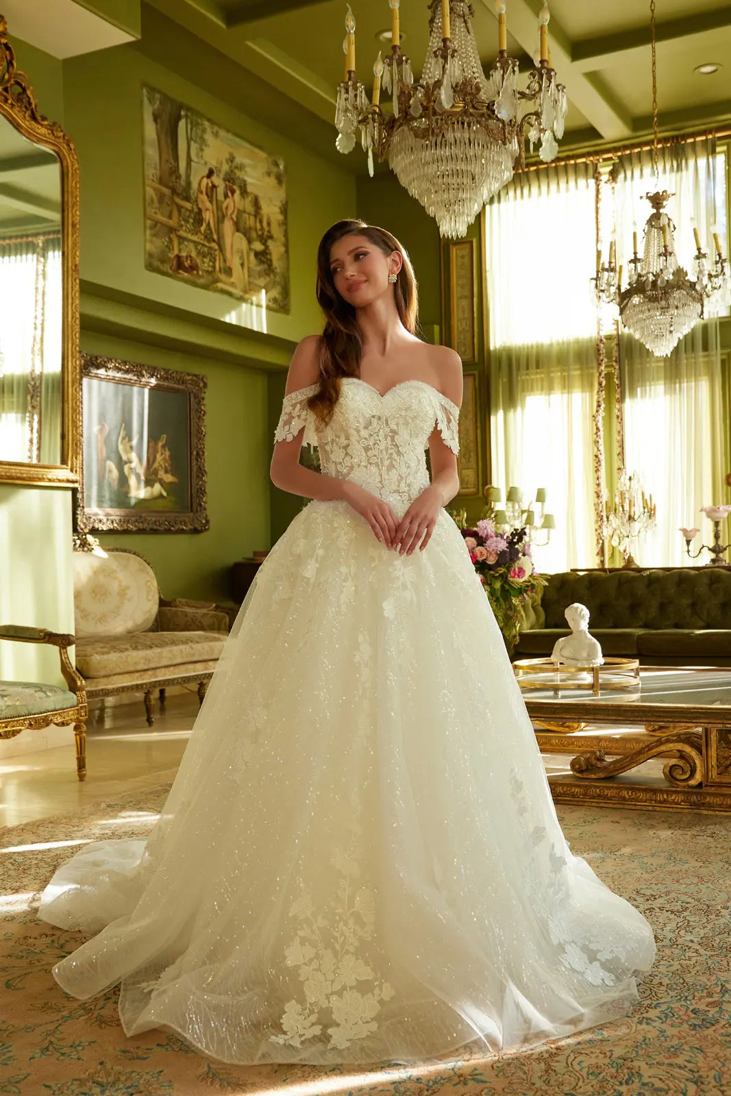 A-Line Wedding Dress With Off-The-Shoulder Detailing, Beading, Sequins And Floral Embroidery