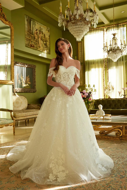 A-Line Wedding Dress With Off-The-Shoulder Detailing, Beading, Sequins And Floral Embroidery