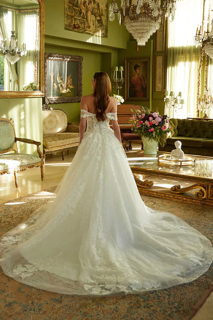 A-Line Wedding Dress With Off-The-Shoulder Detailing, Beading, Sequins And Floral Embroidery