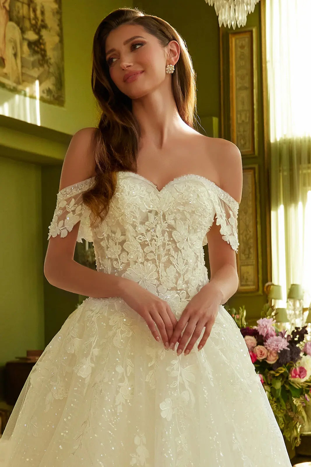 A-Line Wedding Dress With Off-The-Shoulder Detailing, Beading, Sequins And Floral Embroidery