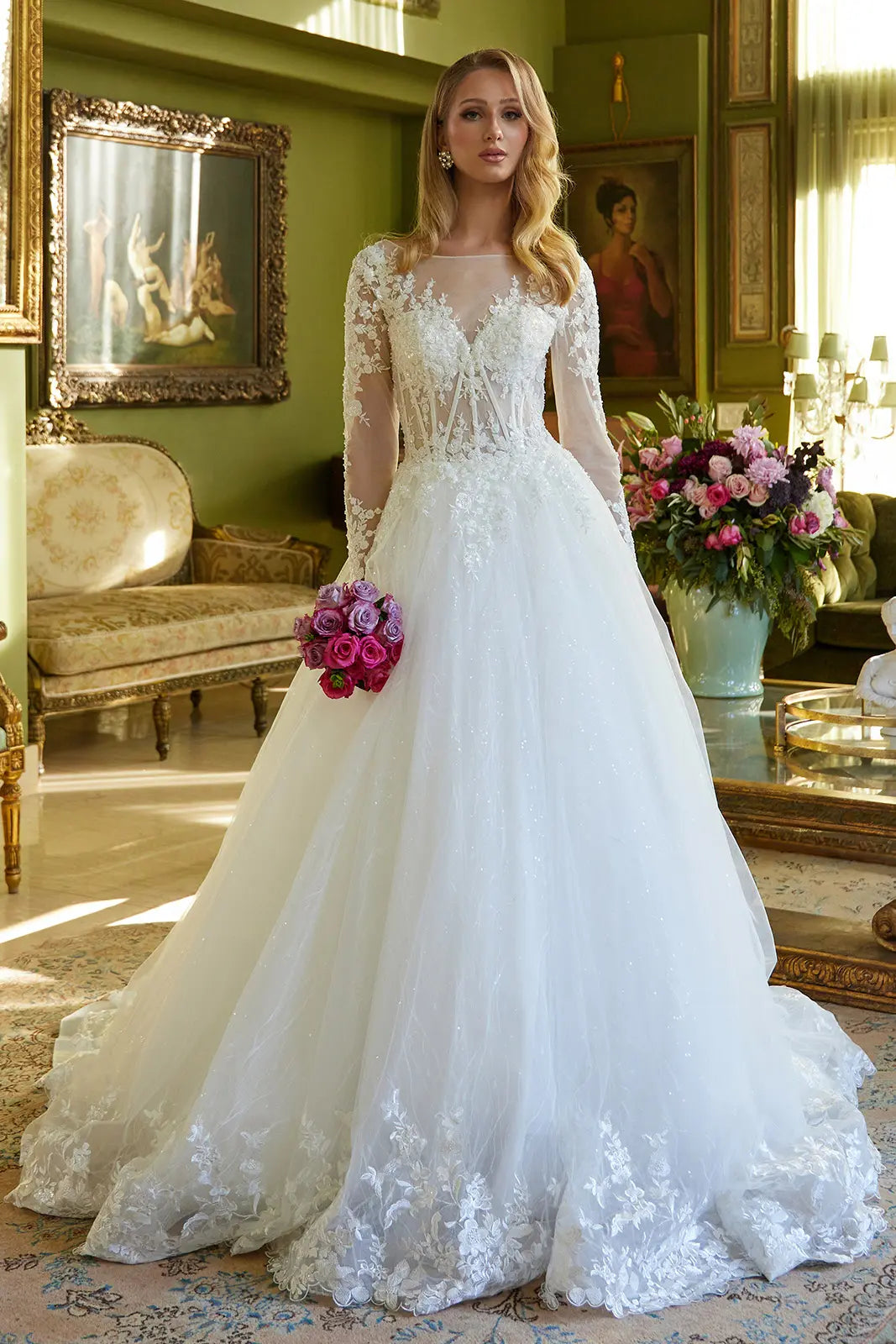 A-Line Silhouette Wedding Dress Has An Illusion V-Neckline Corset Bodice