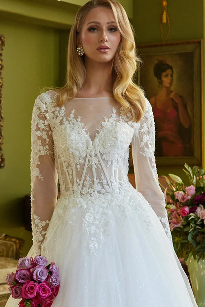 A-Line Silhouette Wedding Dress Has An Illusion V-Neckline Corset Bodice