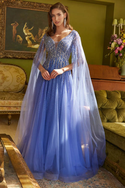 Sparkle Beads Embellished Bodice V Neck Mesh Gown With Mesh Cape Sleeve
