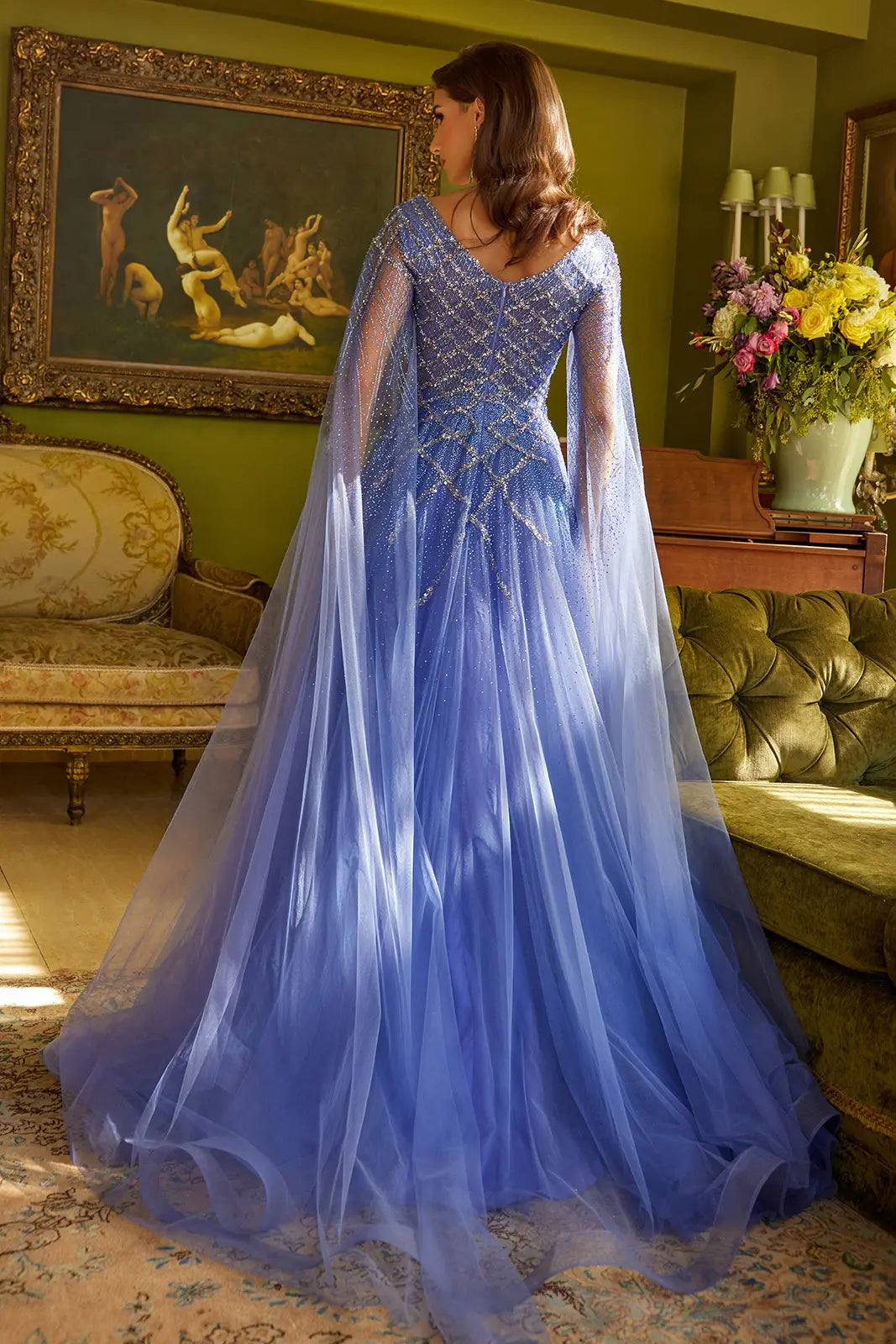 Sparkle Beads Embellished Bodice V Neck Mesh Gown With Mesh Cape Sleeve