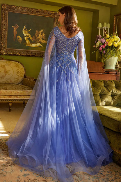 Sparkle Beads Embellished Bodice V Neck Mesh Gown With Mesh Cape Sleeve