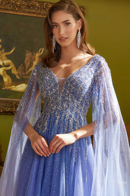Sparkle Beads Embellished Bodice V Neck Mesh Gown With Mesh Cape Sleeve