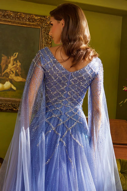 Sparkle Beads Embellished Bodice V Neck Mesh Gown With Mesh Cape Sleeve