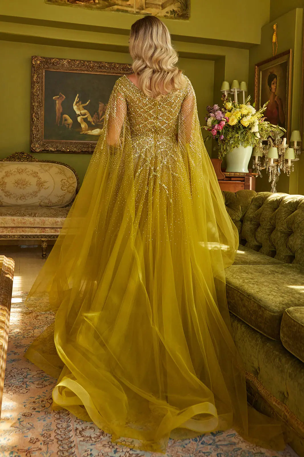 Sparkle Beads Embellished Bodice V Neck Mesh Gown With Mesh Cape Sleeve