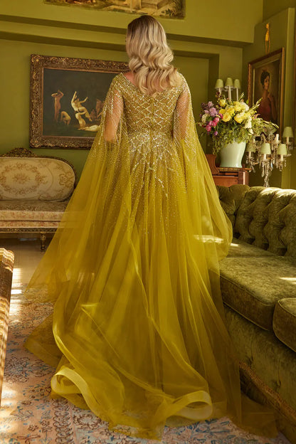 Sparkle Beads Embellished Bodice V Neck Mesh Gown With Mesh Cape Sleeve
