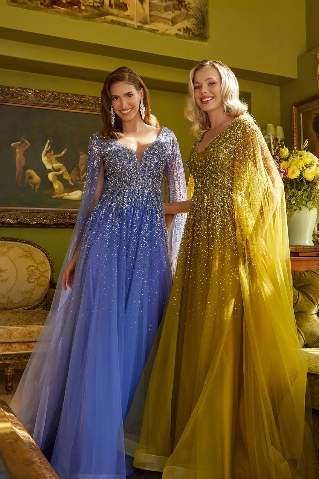 Sparkle Beads Embellished Bodice V Neck Mesh Gown With Mesh Cape Sleeve